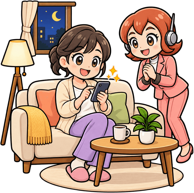 夜のソファで、家族介護者がスマートフォンを片手でタップしているイラスト