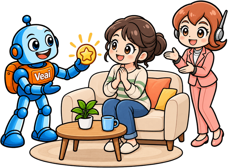 ロボットのマスコットが、星のバッジを差し出してねぎらっているイラスト