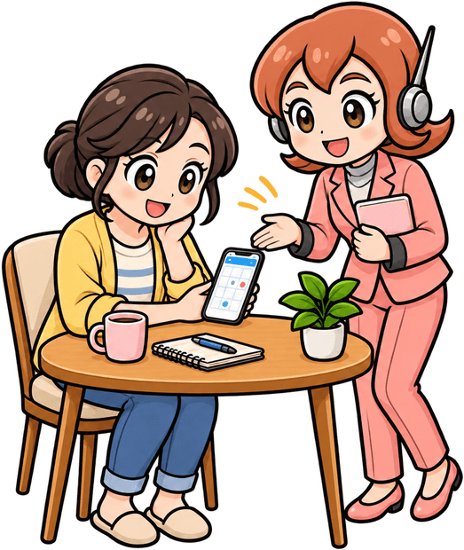 テーブルでスマートフォンの記録をふりかえっているイラスト