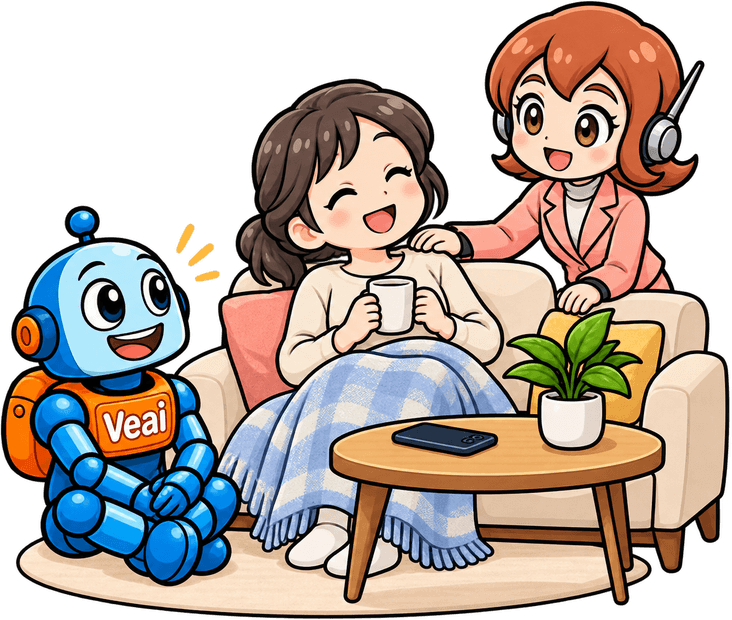 ソファでひざ掛けをかけて休む介護者に、そっと寄り添っているイラスト