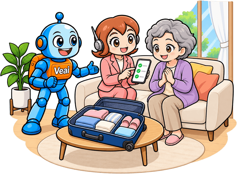 リビングのソファで、家族がスマートフォンの持ち物リストを高齢の女性と一緒に見ているイラスト