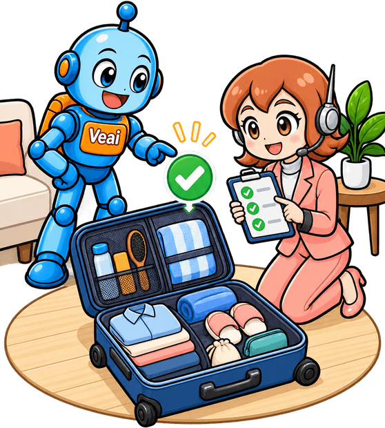 開いたスーツケースに衣類を詰めながら、スマートフォンでチェックを付けているイラスト