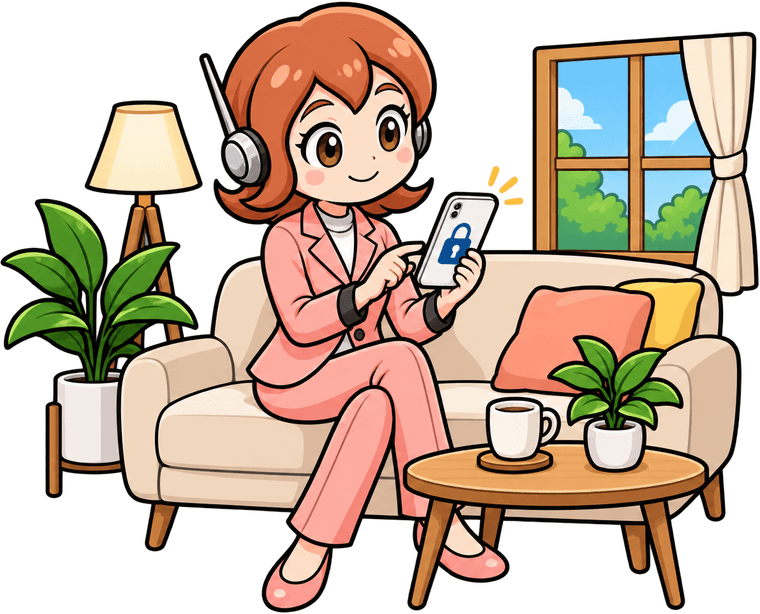 ソファで、鍵のアイコンが表示されたスマートフォンを持っているイラスト