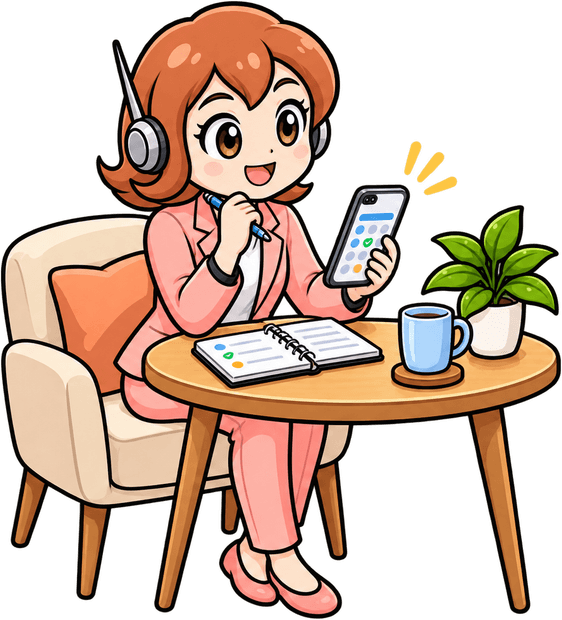 手帳とスマートフォンを並べて、その日のようすをふりかえっているイラスト
