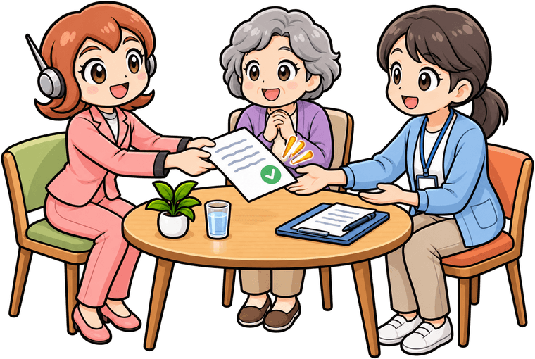 記録を印刷した紙を、家族が介護の専門職に手渡しているイラスト