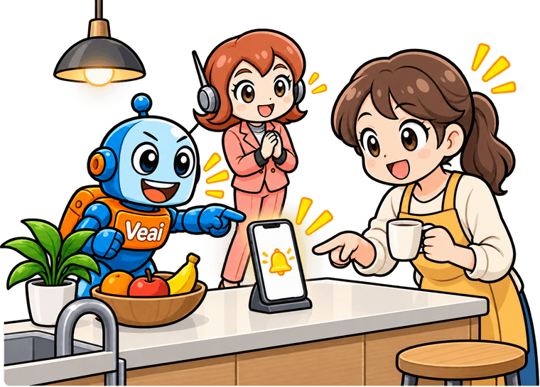 別の部屋のキッチンで、家族のスマートフォンに知らせが届いているイラスト
