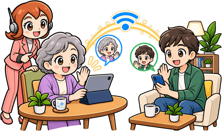 離れた2つの部屋が通信のアイコンでつながり、画面を一緒に見ているイラスト