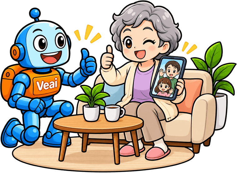 スマートフォンを持つ高齢の女性に、ロボットのマスコットが親指を立てているイラスト