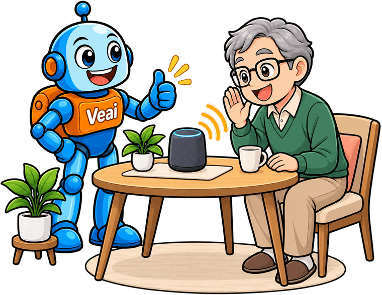 テーブルのスマートスピーカーに高齢の男性が話しかけ、ロボットのマスコットが応じているイラスト
