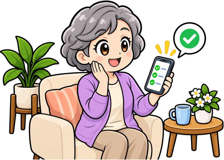 ソファで高齢の女性が、チェックの付いたスマートフォンの画面を見せているイラスト