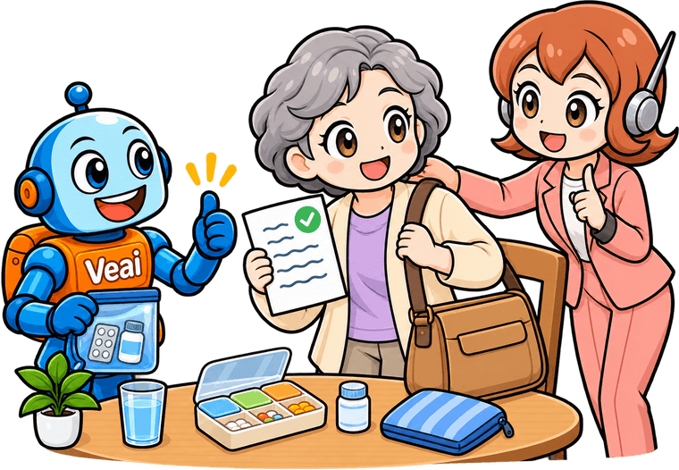 薬ケースのそばで、記録を印刷した紙を持ち、外出用のかばんを手にしているイラスト