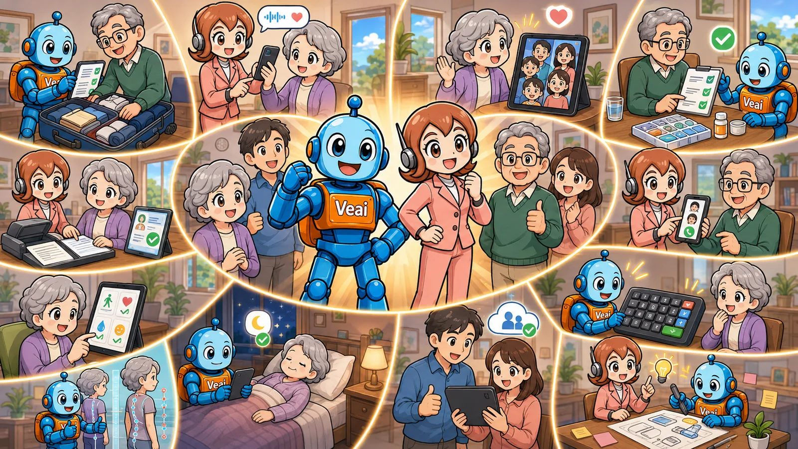 Illustration of a robot mascot, a support guide, and an older family member sharing everyday care moments — checking belongings, calling out, and keeping records