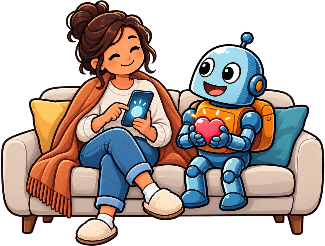 ソファでスマホを見る介護者に、ロボットのマスコットがそっと寄り添っているイラスト