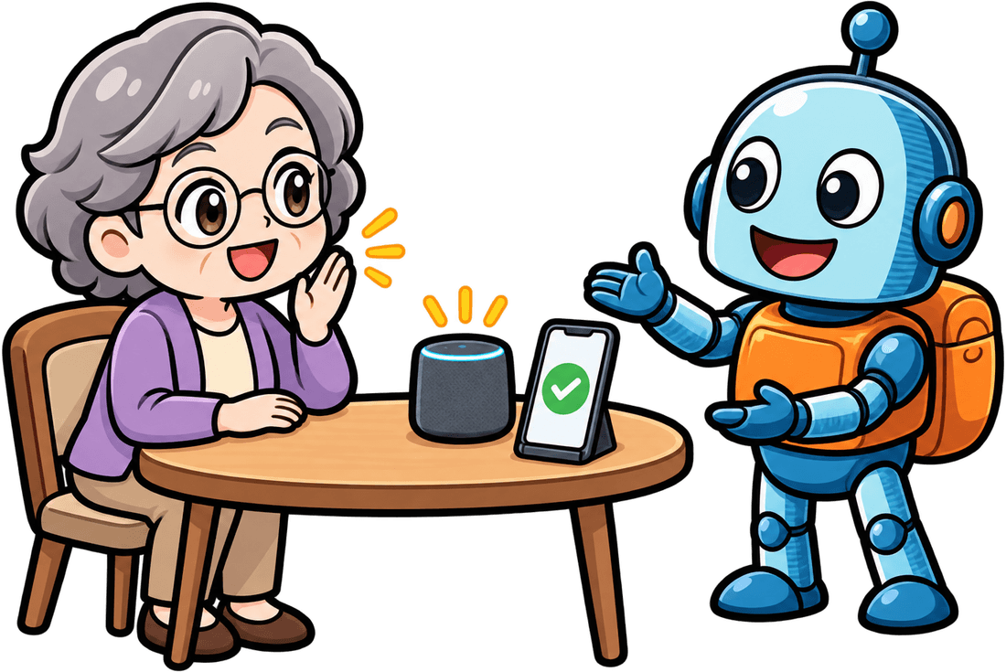 テーブルのスマートスピーカーに声をかける高齢者と、見守るロボットのマスコットのイラスト