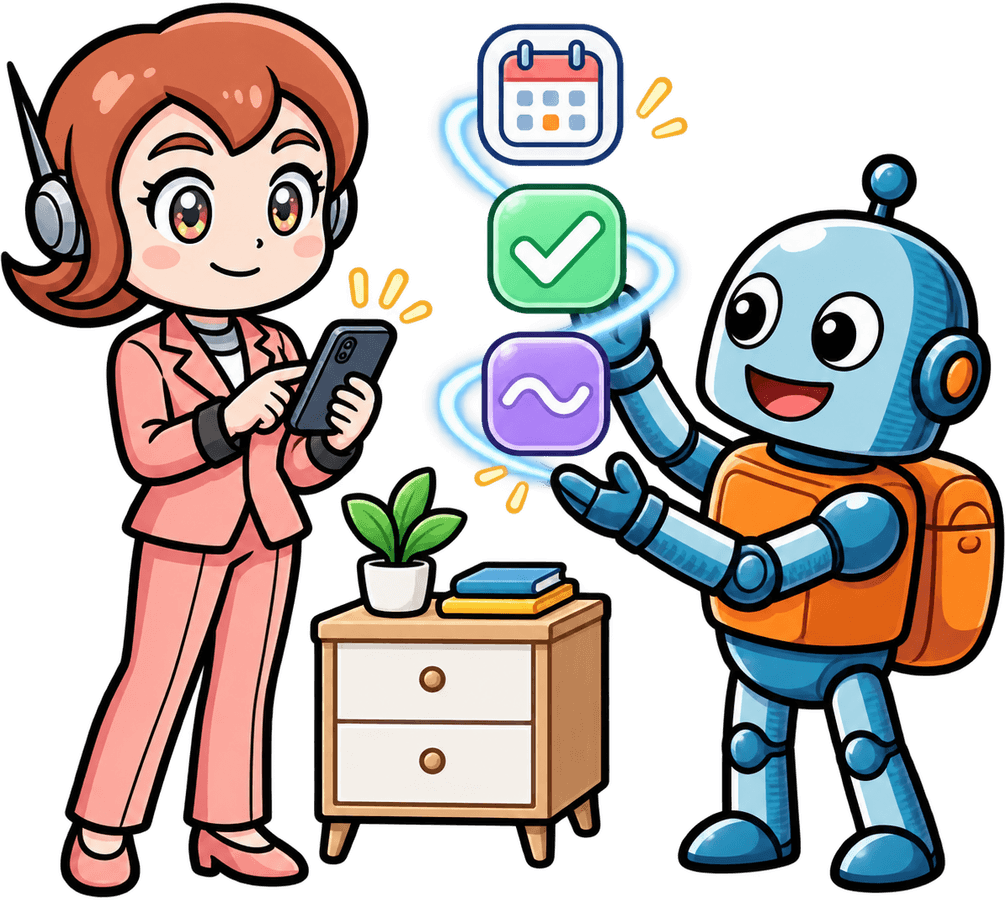 枕元でその日の服薬を確認する家族と、カレンダーやチェックを示すロボットのマスコットのイラスト