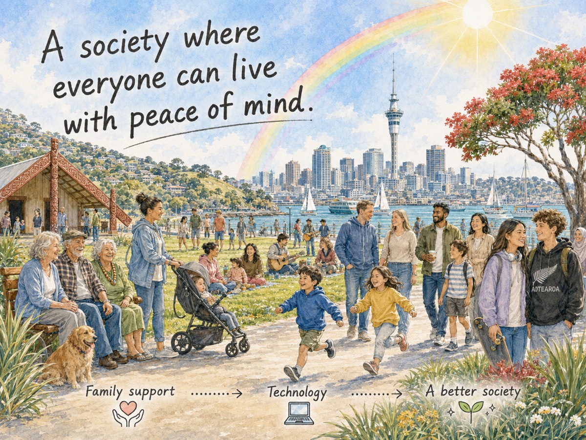 A watercolor illustration of a peaceful waterfront city park where families, elders and children of all backgrounds share the day — family support and technology leading to a better society