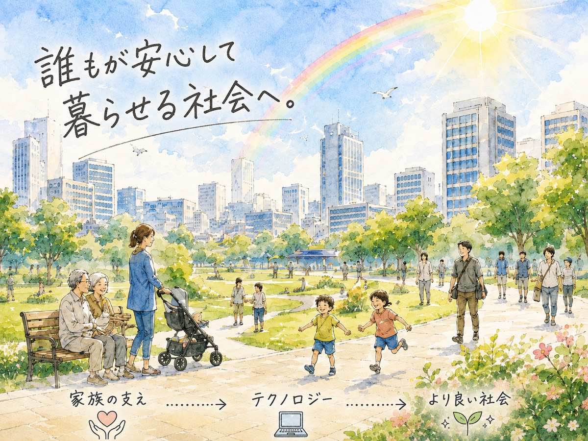 誰もが安心して暮らせる社会へ——家族の支えとテクノロジーが、より良い社会につながっていく水彩イラスト